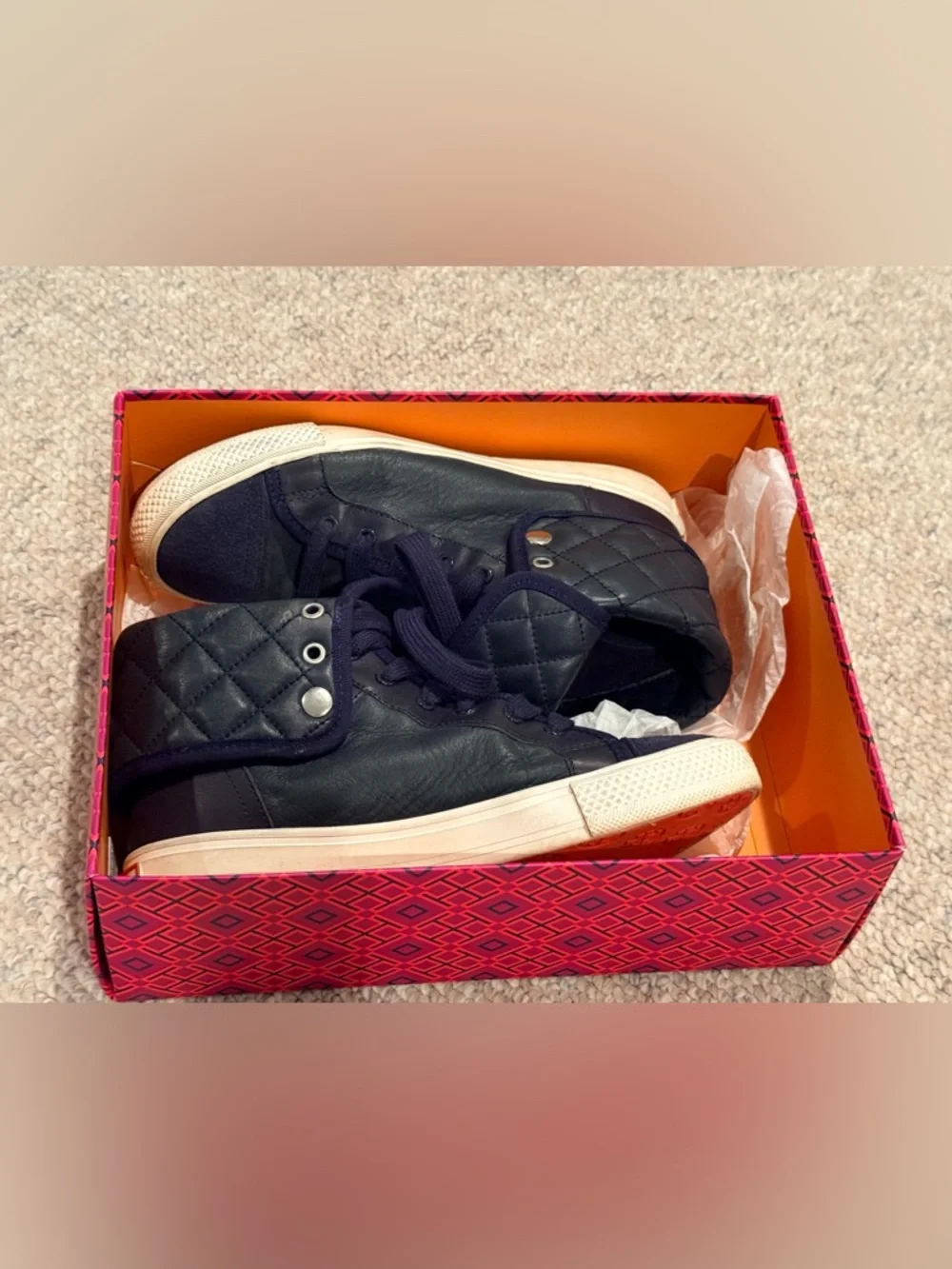 Tory Burch Quilted Navy High-Top Leather Sneakers